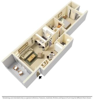 1 Bed, 1 Bath, 709 sq ft, Poplar floor plan