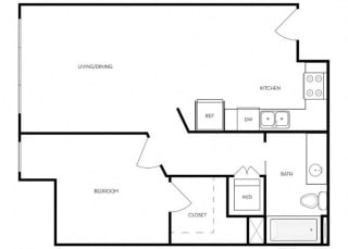 1 bed 1 Bath 657 square feet floor plan B3