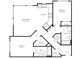 2 Bed 2 Bath 1033 square feet floor plan C1