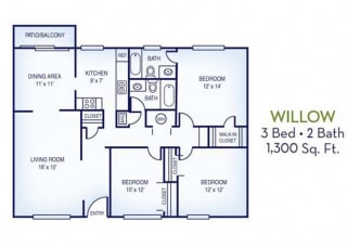 3 Bed, 2 Bath, 1300 sq. ft. Willow floor plan