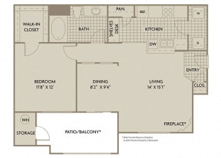 1 bed 1 Bath 820 square feet Verona floor plan