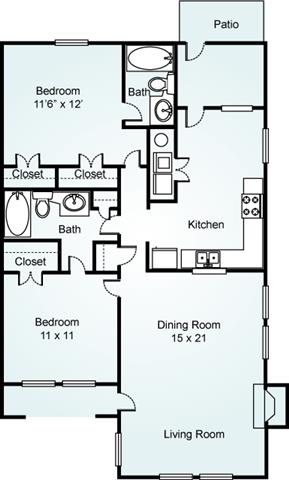 Willow, 2 Bed, 2 Bath, 1200 sq. ft.