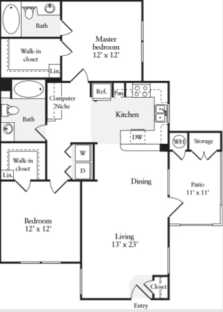 2 Bed 2 Bath 1015 square feet floor plan Plan C