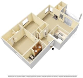 2 Bed - 1 Bath, 834 sq ft floor plan