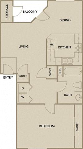 1 Bed 1 Bath 747 square feet floor plan A1A
