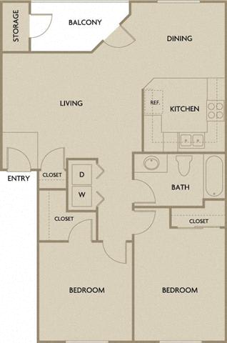 2 Bed 1 Bath 901 square feet floor plan B1A