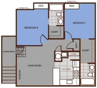 Two Bedroom Floor Plan at Highland Village Apartments, Flagstaff, AZ