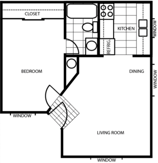 One Bedroom Floor Plan at Woodlands Village Apartments, Flagstaff