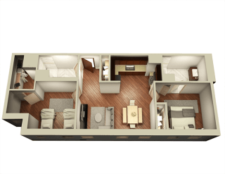 2 Bed 2 Bath 987 sqft 3D Floor Plan at Somerset Place Apartments, Illinois