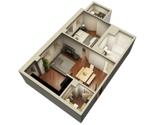 1 Bed 1 Bath 632 sqft 3D Floor Plan at Somerset Place Apartments, Chicago, 60640