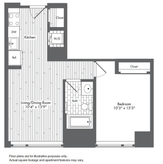 A2 1 Bed 1 Bath Floor Plan at Waterside Place by Windsor, Massachusetts, 02210