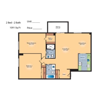 Floor Plan 2 Bedroom - 1091 SqFt (Renovated)