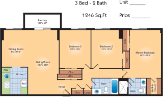 Floor Plan 3 Bedroom - 1246 SqFt (Renovated)