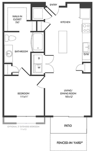 1 Bedroom floorplan with kitchen island, pantry, W/D, Living Room, Bedroom, Bathroom and large Walk-in Closet. Patio/Balcony. optional 2 ft extended bedroom. Fenced-in Yard