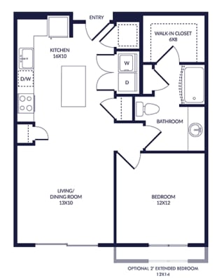 1 bedroom floorplan with L-shaped Kitchen and Island. Pantry, Living/Dining Area, Bedroom and bathroom with Bath/Shower and Walk-in Closet. Optional 2 ft. extended bedroom