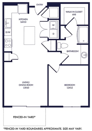 1 bedroom floorplan with L-shaped Kitchen and Island. Pantry, Living/Dining Area, Bedroom and bathroom with Bath/Shower and Walk-in Closet. Fenced-in Yard
