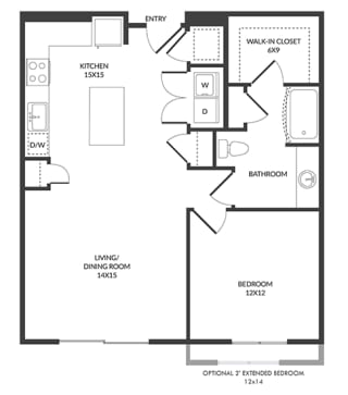 1 bedroom floorplan with L-shaped Kitchen and Island. Pantry, Living/Dining Area, Bedroom and bathroom with Bath/Shower and Walk-in Closet. Optional 2 ft extended bedroom