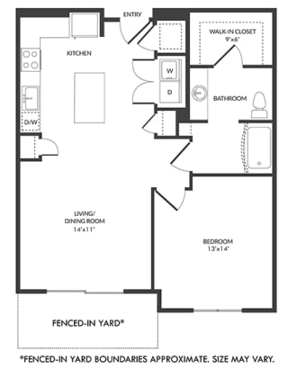 1 bedroom floorplan with L-shaped Kitchen and Island. Pantry, W/D Closet, Living/Dining Area, Bedroom and bathroom with bathtub and Walk-in Closet. Fenced-in Yard