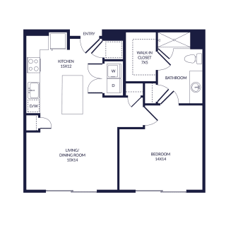 1 bedroom floorplan with L-shaped Kitchen and Island. Pantry, Living/Dining Area, Bedroom and bathroom with Shower and Walk-in Closet