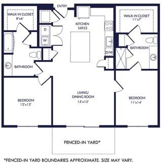 2 bedroom floorplan. L-shaped kitchen overlooking dining and living area.  bedrooms on opposite sides of the apartment. Walk-in closets. 2 bathrooms. W/D in kitchen area. Patio/Balcony. Fenced-in Yard