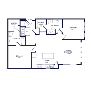 2 Bedroom 2 bath floorplan with L-shaped kitchen, pantry, w/d. one bathroom has a tub/shower while the other is a standalone shower. Walk-in closets.