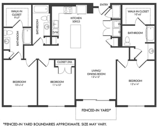 3 Bedroom 3 bath floorplan with L-shaped kitchen, pantry, w/d. Living/dining area. 3 bedrooms, 2 with a private bathroom and walk-in closet. Additonal bedroom is adjacent to the 3rd bathroom. Fenced-in Yard