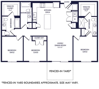 3 Bedroom 3 bath floorplan with L-shaped kitchen, pantry, w/d. two bathrooms have a tub/shower while the other is a standalone shower. Walk-in closets. Fenced-in Yard