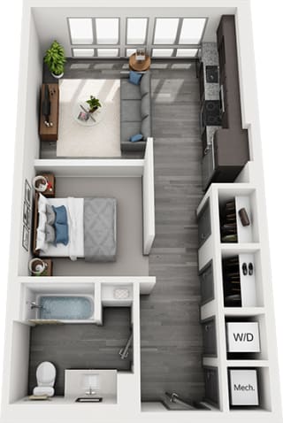 The Alabama 3D Studio apartment. entrance hallway with laundry, two closets, one bathroom. Bedroom with lowered wall. kitchen overlooking living area.