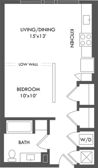 Studio apartment. entrance hallway with laundry, two closets, one bathroom. Bedroom with lowered wall. kitchen overlooking living area.