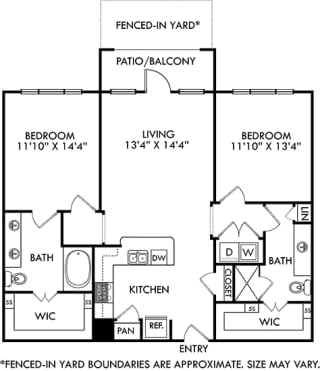 The Balboa  2 bedroom floorplan with fenced-in yard. Entry opens to Kitchen with Peninsula island overlooking living room. 1 bath with double vanity. other bath with shower. Walk in closets. washer/dryer.