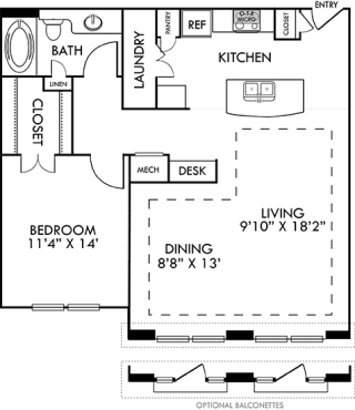 The Barcelona. 1 bedroom apartment. Kitchen with bartop open to living/dining rooms. 1 full bathroom. Walk-in closet. Optional balconettes.
