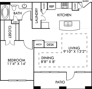 Belfast. 1 bedroom apartment. Kitchen with bartop open to living/dining rooms. 1 full bathroom. Walk-in closet. Patio/balcony.