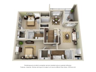 Birmingham 3D. 2 bedroom apartment. Kitchen with bartop open to living/dinning rooms. 2 full bathrooms, double vanity in master. Walk-in closets. Patio/balcony.