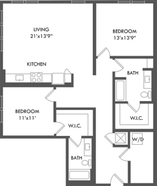 2 bedroom floorplan with entrance hall leading to Laundry room. Next stop is the twwo bedrooms and a guest bath. Primary bedroom has Walk-in closet that leads to private bath. Kitchen/living/dining area in back corner of apartment.