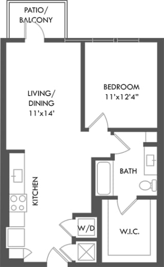 1 bedroom floorplan with entrance open to kitchen and dining area, overlooking living space. W/D located off of kitchen.bedroom. bathroom accessible from hall, leading to walk-in closet.