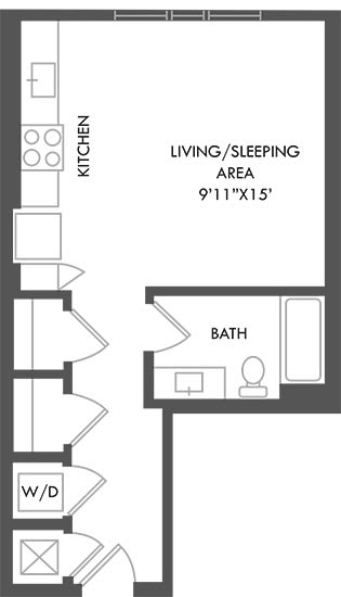 studio apartment. entrance hallway with laundry and two closets. kitchen open to living/sleeping area. bathroom