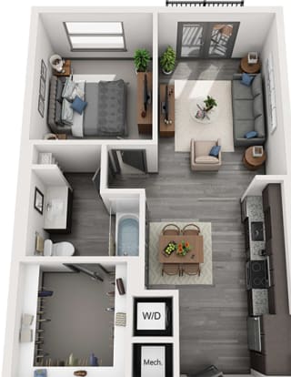 3D 1 bedroom floorplan with kitchen and dining area, stackable washer/dryer. Living area with patio/balcony. bathroom entrance from living and bedroom. walk in closet attached to bathroom
