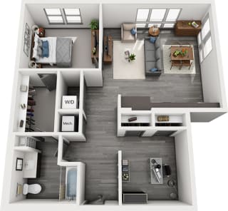 3D 1 bedroom floorplan. entrance hallway with doors to bathroom. Study with two closets on opposite side of hallway. W/D also in hallway. Kitchen overlooking dining/living area. Bedroom leads to Walk-in closet which leads to bathroom with linen shelving.