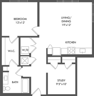 1 bedroom floorplan. entrance hallway with doors to bathroom. Study with two closets on opposite side of hallway. W/D also in hallway. Kitchen overlooking dining/living area. Bedroom leads to Walk-in closet which leads to bathroom with linen shelving.