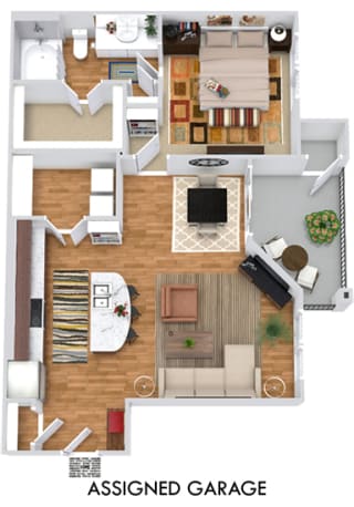 The Longhorn with Assigned Garage 3D. 1 bedroom apartment. Kitchen with island open to living/dinning rooms. 1 full bathroom. Walk-in closet. Patio/balcony.