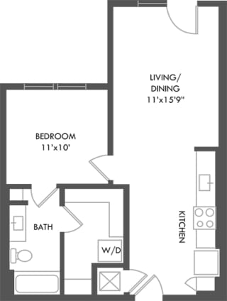 1 bedroom floorplan. entrance open to kitchen, which leads to living/dining area. bedroom leading to bathroom with linen shelves. leading to walk-in closet with stackable w/d.