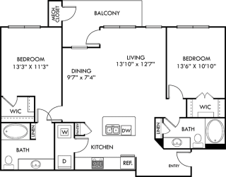 Nelson 2 bedroom apartment. Kitchen with island open to living &amp; dining rooms. 2 full bathrooms. Walk-in closet in both bedrooms. Patio/balcony.