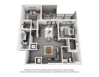 The Ohio 2 bedroom floorplan. L-shaped kitchen overlooking dining and living area. bedrooms on opposite sides of the apartment. Walk-in closets. 2 bathrooms. W/D in kitchen area.