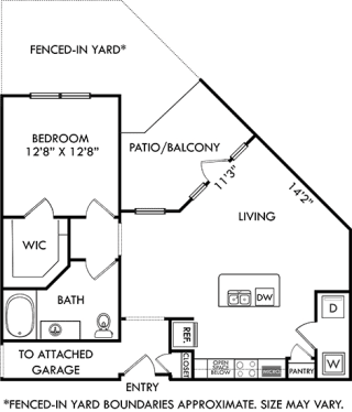 The Patterson with Attached Garage and Fenced-in Yard. 1 bedroom apartment. Kitchen with island open to living/dinning rooms. 1 full bathroom. Walk-in closet. Patio/balcony.