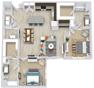 3d 2 bedroom 2.5 bath floorplan with L-shaped Kitchen and island. one bathroom has a tub/shower and the other has a standalone shower. Walk-in closets. W/D.