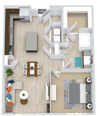 3d 1 bedroom floorplan with L-shaped Kitchen and Island. Pantry, Living/Dining Area, Bedroom and bathroom with Bath/Shower and Walk-in Closet
