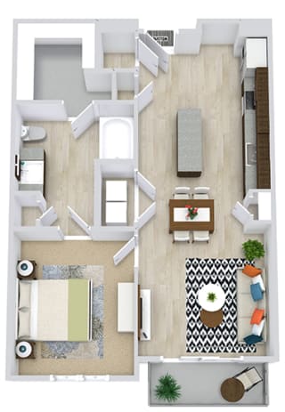 1 Bedroom floorplan with kitchen island, pantry, W/D, Living Room, Bedroom, Bathroom and large Walk-in Closet. Patio/Balcony