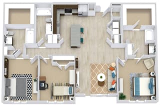 3 Bedroom 3 bath floorplan with L-shaped kitchen, pantry, w/d. Living/dining area. 3 bedrooms, 2 with a private bathroom and walk-in closet. Additonal bedroom is adjacent to the 3rd bathroom.