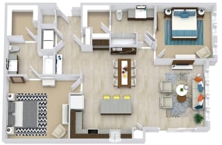 3d 2 Bedroom 2 bath floorplan with L-shaped kitchen, pantry, w/d. one bathroom has a tub/shower while the other is a standalone shower. Walk-in closets.