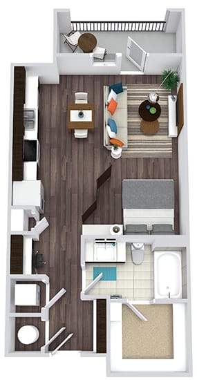 Studio with one bath floorplan. Entry nook. Stackable W/D. Built-in Desk. Kitchen with Pantry. Walk-in Closet. Patio.